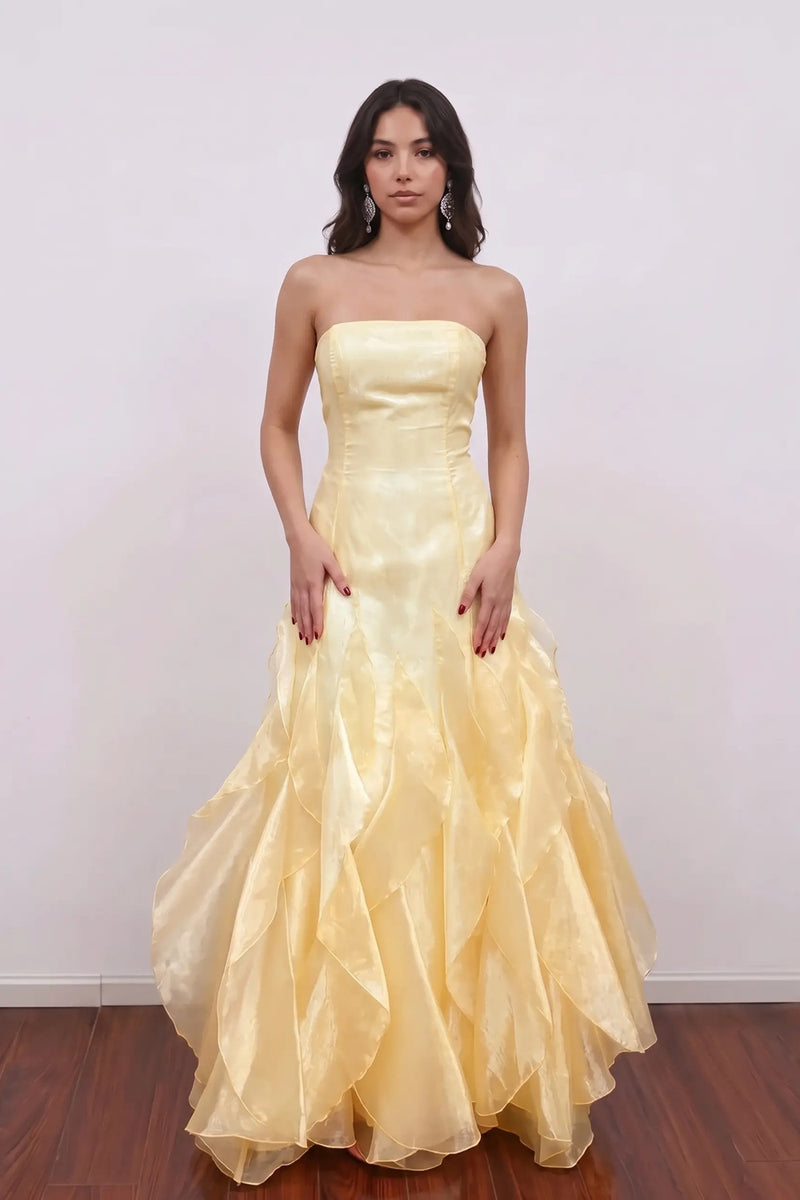 Strapless Organza Layered Ruffles Yellow Corset Long Prom Dress-Pgmdress