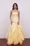 Strapless Organza Layered Ruffles Yellow Corset Long Prom Dress