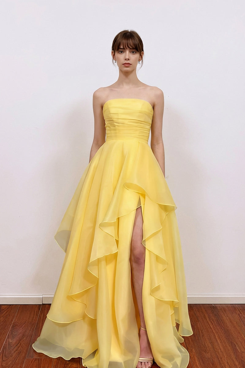 Strapless Tulle Pleated Layered Yellow Prom Dress With Split-Pgmdress
