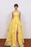 Strapless Tulle Pleated Layered Yellow Prom Dress With Split-Pgmdress