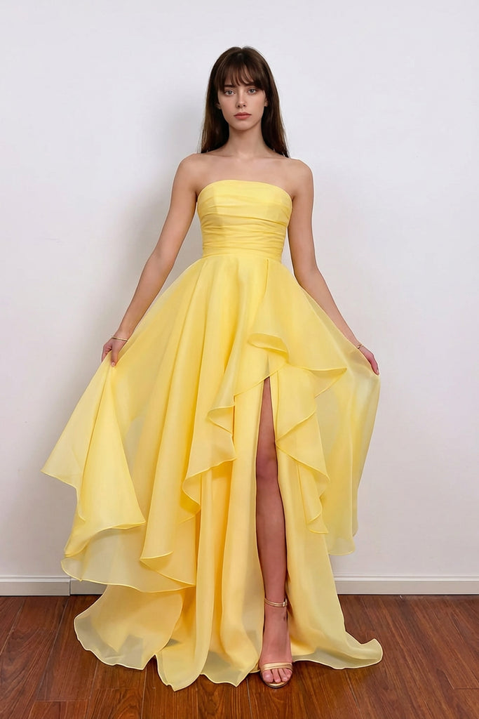 Strapless Tulle Pleated Layered Yellow Prom Dress With Split US0 / Yellow Strapless Tulle Pleated Layered Yellow Prom Dress With Split US0 / Yellow