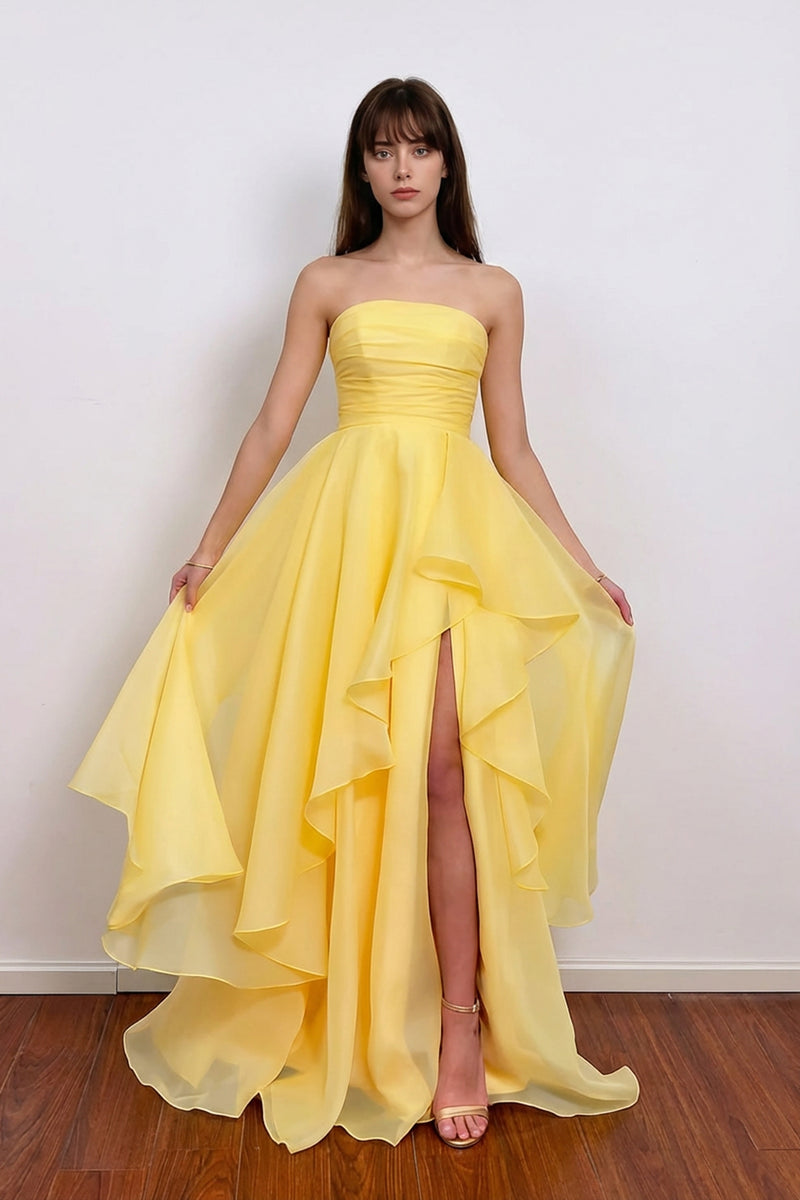 Strapless Tulle Pleated Layered Yellow Prom Dress With Split-Pgmdress