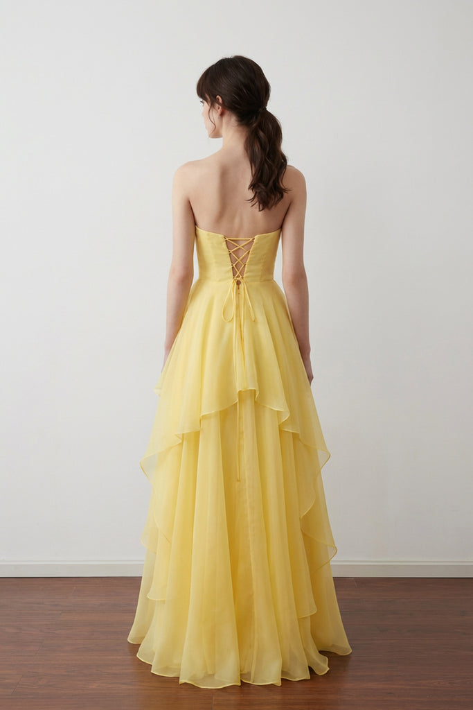 Strapless Tulle Pleated Layered Yellow Prom Dress With Split US0 / Yellow Strapless Tulle Pleated Layered Yellow Prom Dress With Split US0 / Yellow