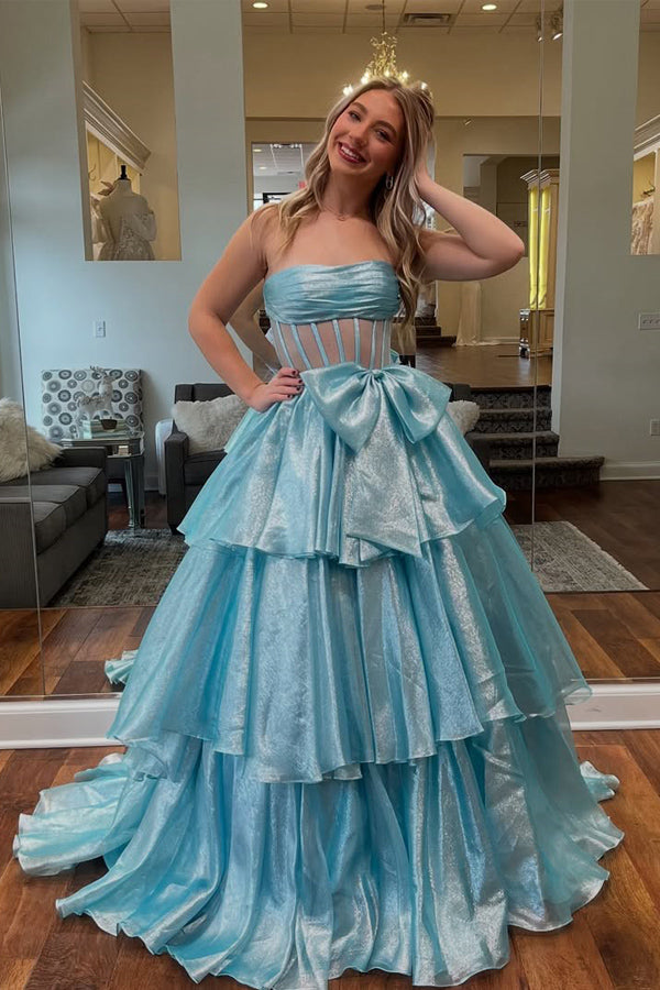 Strapless Organza Slit Blue Long Prom Dress with Bow PSK651-Pgmdress