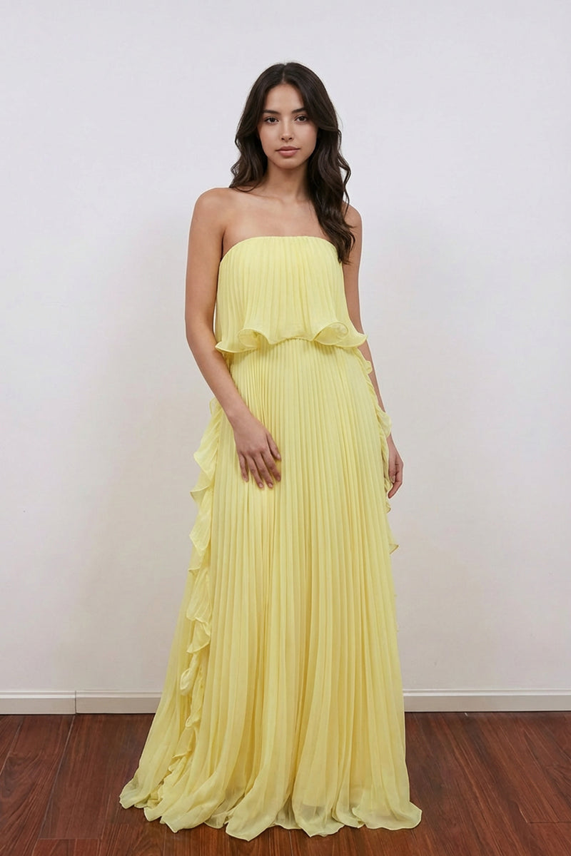 Strapless Pleated A-Line Empire-Waist Ruffles Yellow Prom Dress-Pgmdress