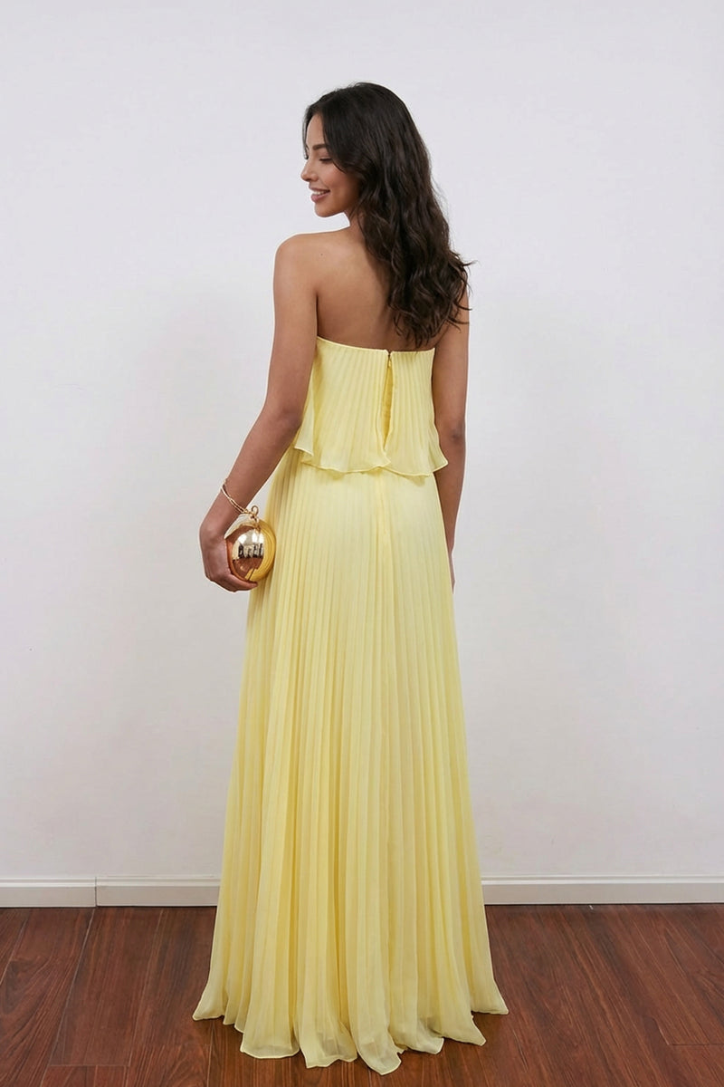 Strapless Pleated A-Line Empire-Waist Ruffles Yellow Prom Dress-Pgmdress