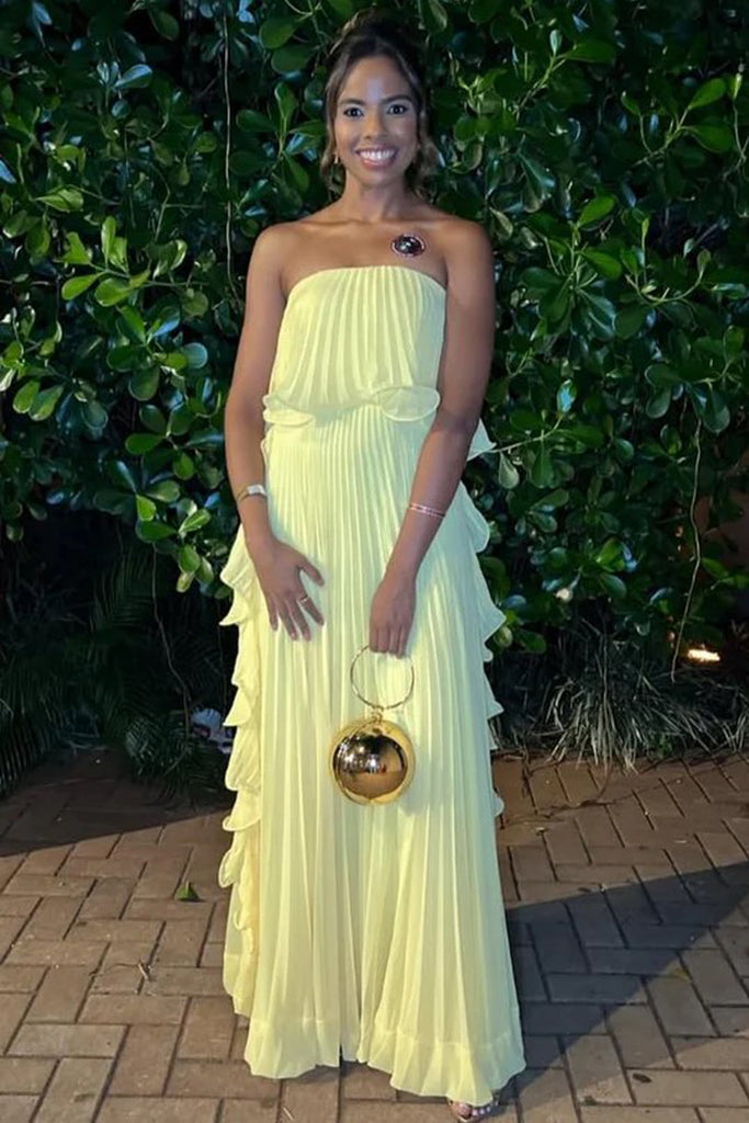 Strapless Pleated A-Line Empire-Waist Ruffles Yellow Prom Dress US18 / Custom Color Strapless Pleated A-Line Empire-Waist Ruffles Yellow Prom Dress US18 / Custom Color