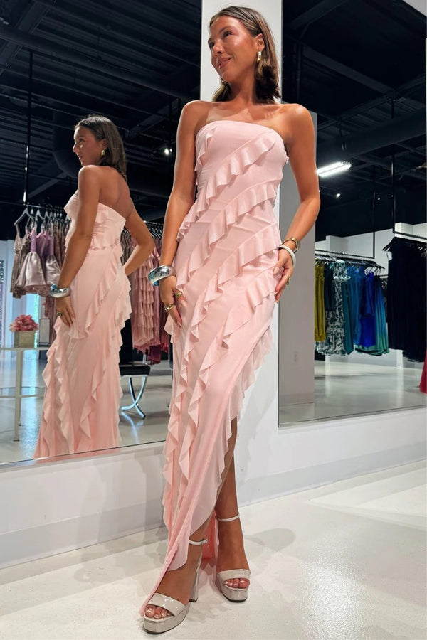 Strapless Ruffle Chiffon Pink Bridesmaid Dress with Slit BD121-Pgmdress