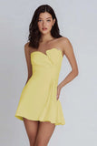 Strapless Satin Short A-Line Yellow Homecoming Dress with Ruffles-Pgmdress
