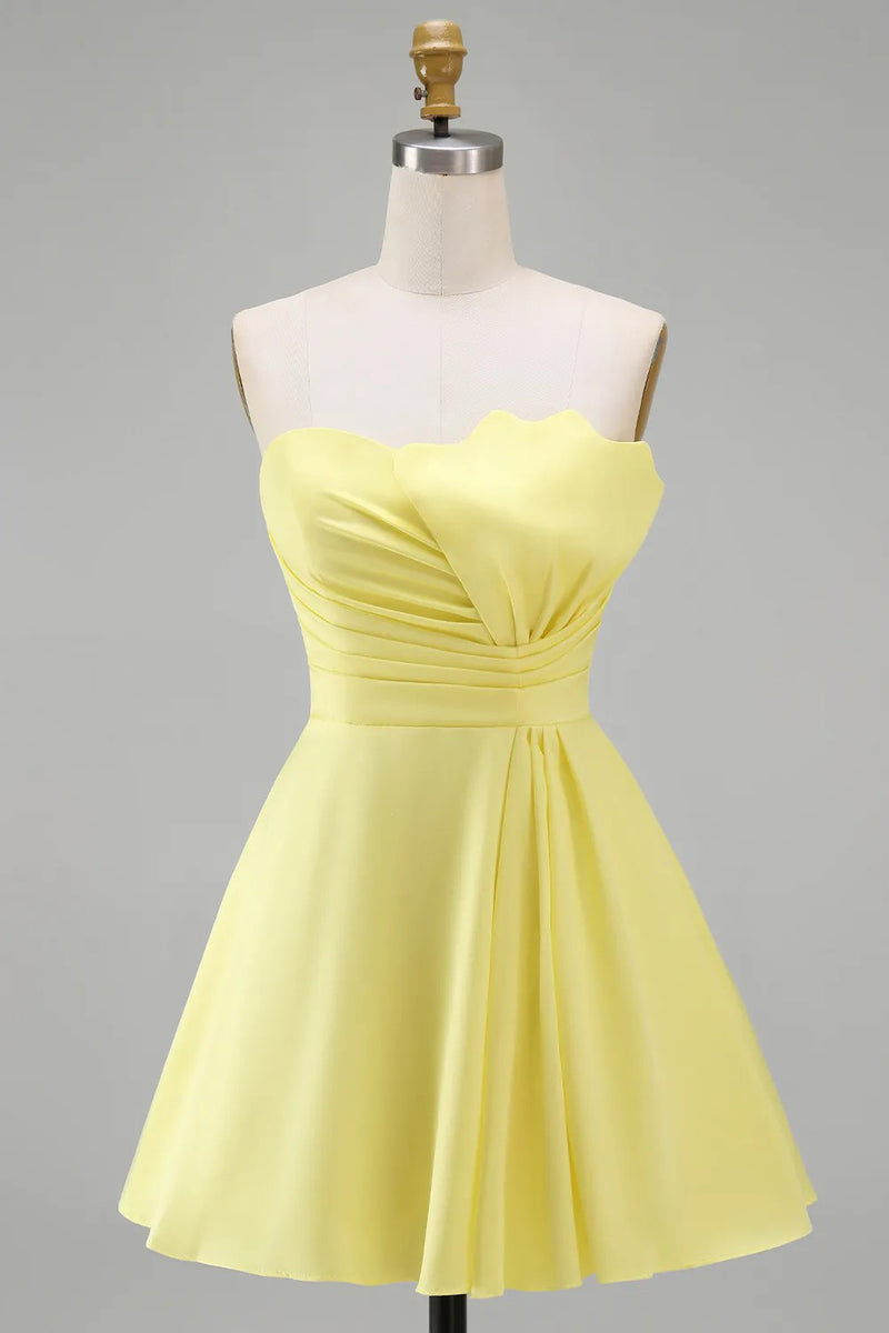Strapless Satin Short A-Line Yellow Homecoming Dress with Ruffles-Pgmdress