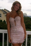 Strapless Sweetheart Lace Appliques Sleeveless Pink Homecoming Dress