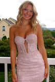 Strapless Sweetheart Lace Appliques Sleeveless Pink Homecoming Dress-Pgmdress