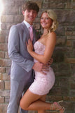 Strapless Sweetheart Lace Appliques Sleeveless Pink Homecoming Dress-Pgmdress