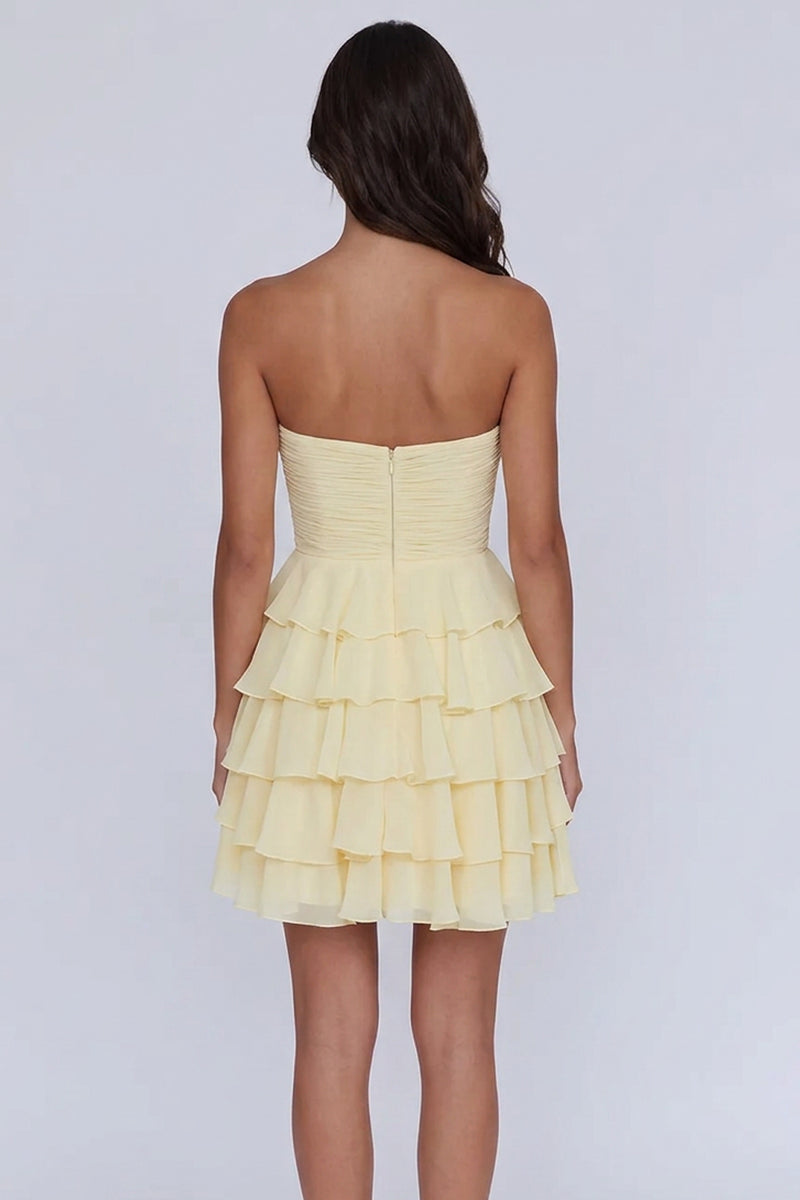 Strapless Tiered Ruched A Line Light Yellow Short Homecoming Dress-Pgmdress
