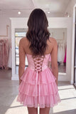 Strapless Tiered Short Ruffled Corset Pink Homecoming Dress with Pearls-Pgmdress
