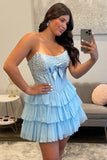 Strapless Tiered Short Ruffled Corset Pink Homecoming Dress with Pearls-Pgmdress