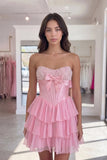Strapless Tiered Short Ruffled Corset Pink Homecoming Dress with Pearls-Pgmdress