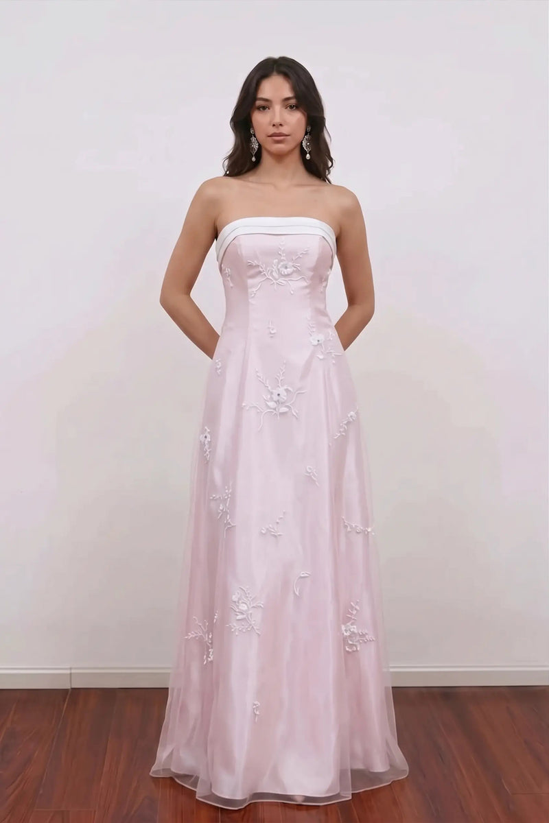 Strapless Vintage 90s Blush Pink Embroidery Prom Dress Party Dress-Pgmdress