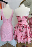 Strapless White Blue Flower Tiered Short Homecoming Dress with Bow-Pgmdress