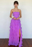 Strapless A Line Chiffon Purple Prom Dress Party Dress With Ruffles