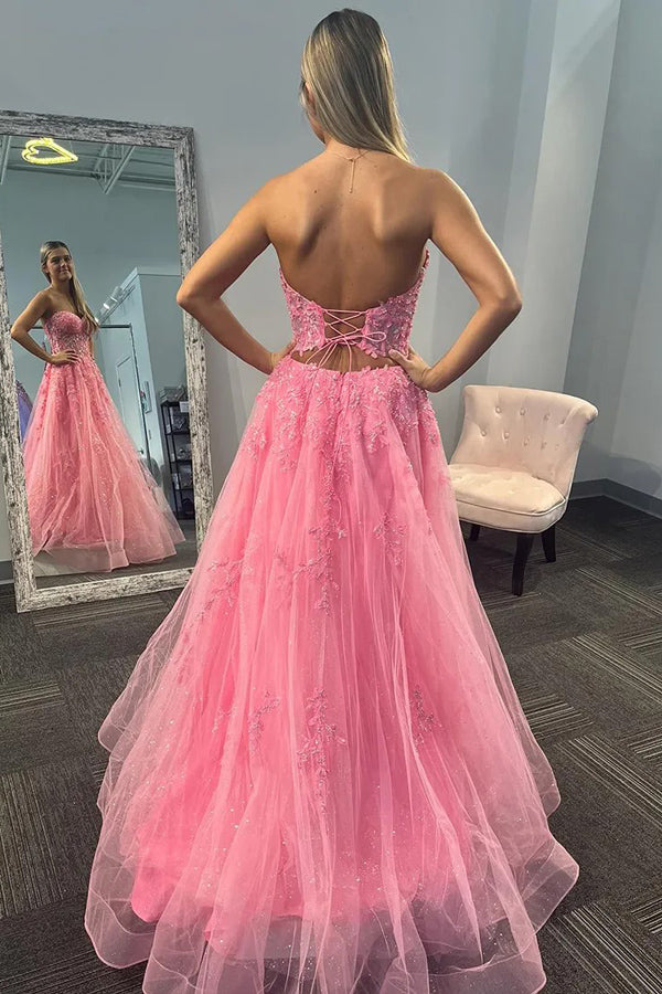 Trägerloses, langes Ballkleid mit Pailletten-Applikationen in Korsett-Optik in Rosa PSK625