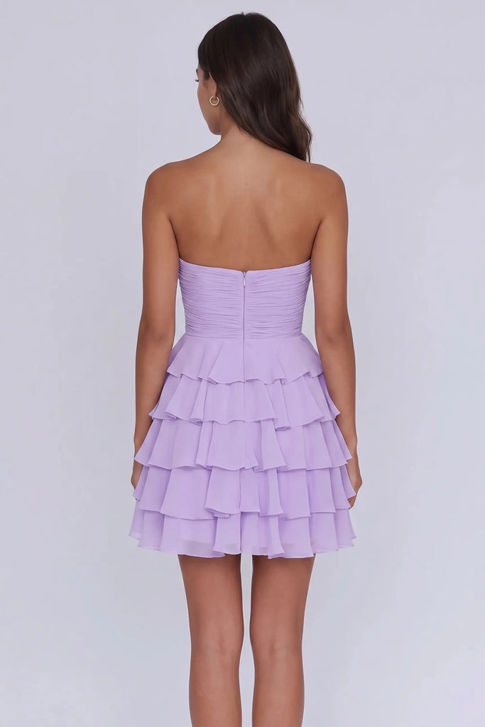 Strapless Tiered Ruched A Line Light Yellow Short Homecoming Dress