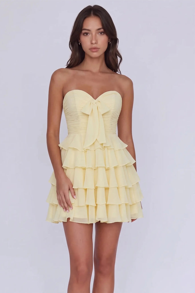 Strapless Tiered Ruched A Line Light Yellow Short Homecoming Dress-Pgmdress