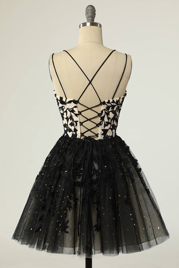 Straps Black Appliques Short Prom Dress Homecoming Dress with Sequins  PD475-Pgmdress