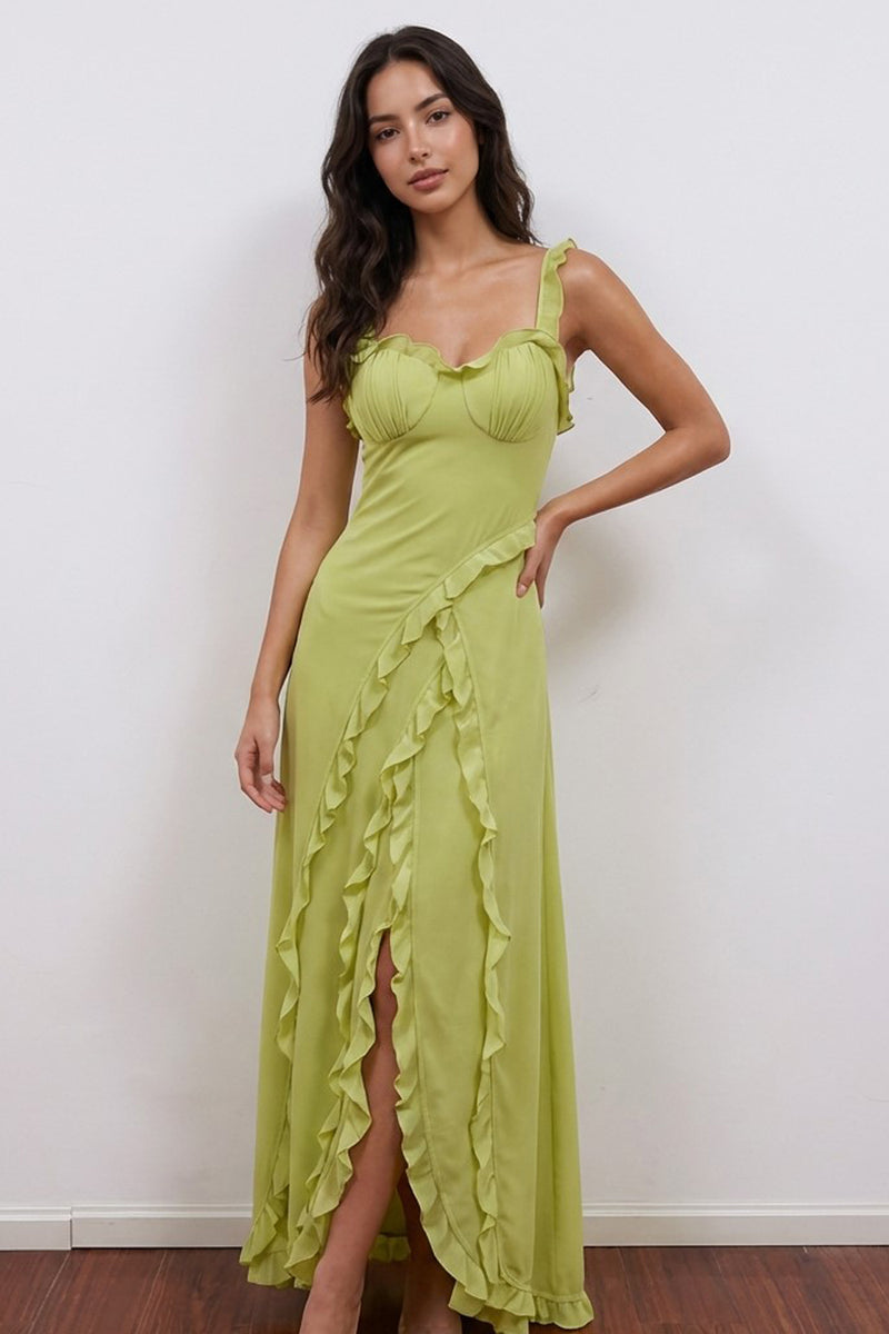 Straps Irregular Ruffles Green Long Prom Dress Party Dress-Pgmdress