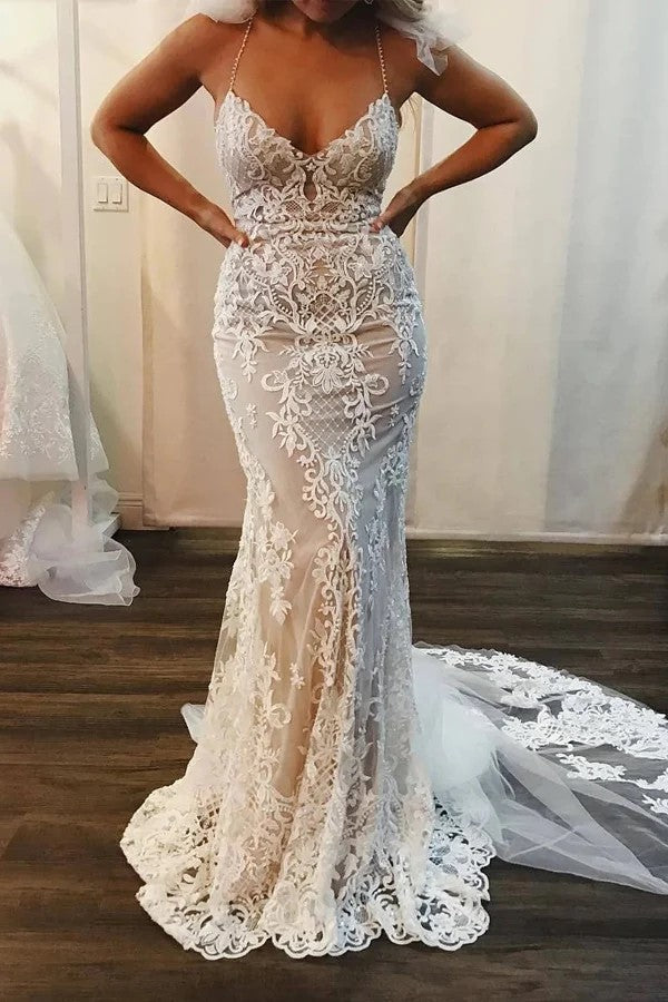 Straps Lace Mermaid Wedding Dresses Boho Wedding Dresses WD714-Pgmdress