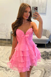 Straps Tiered Chiffon Pink Short Homecoming Dress with Bow