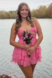 Straps Tiered Chiffon Pink Short Homecoming Dress with Bow