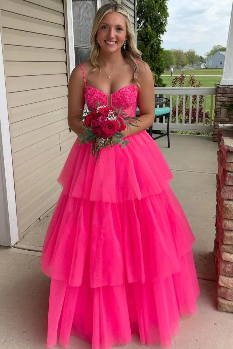 Straps V-Neck Layered Tulle Hot Pink Long Prom Dress Party Dress PSK627-Pgmdress