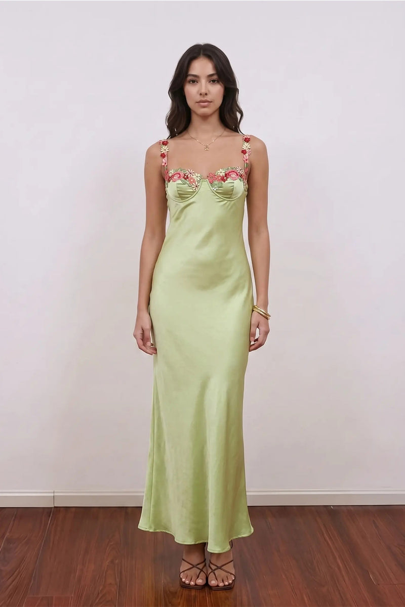 Straps Green Embroidery Floral Applique Bridesmaid Dress Prom Dress-Pgmdress