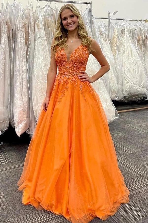 Stunning Orange A-Line V-Neck Long Tulle Appliques Prom Dress PSK434 - Pgmdress