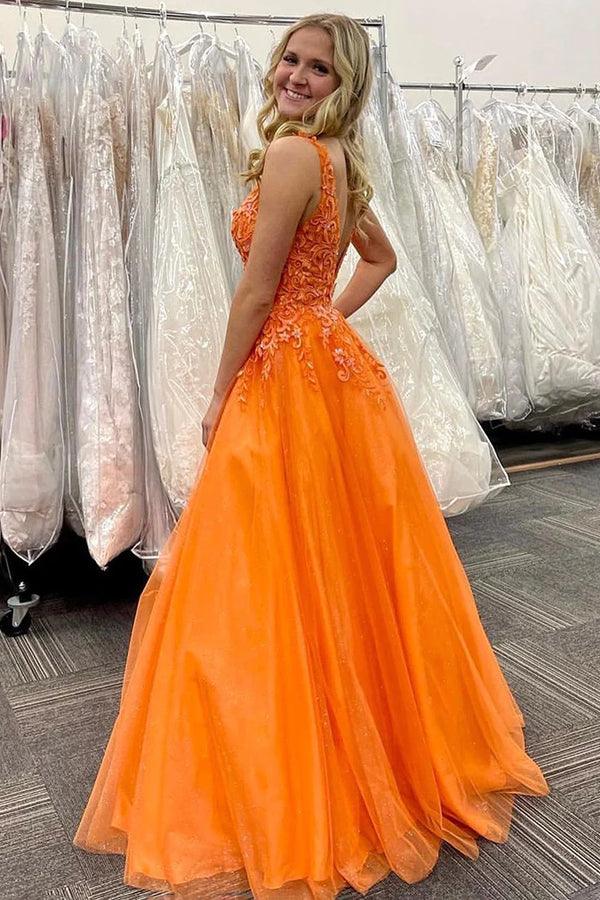 Stunning Orange A-Line V-Neck Long Tulle Appliques Prom Dress PSK434 - Pgmdress