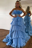 Stylish Blue Strapless A-Line Long Tiered Prom Dress With Belt PSK483