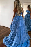 Stylish Blue Strapless A-Line Long Tiered Prom Dress With Belt PSK483