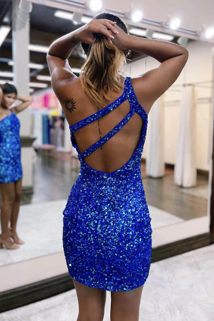 Stylish One Shoulder Sparkly Sleeveless Mini Cocktail Homecoming Dress PD494