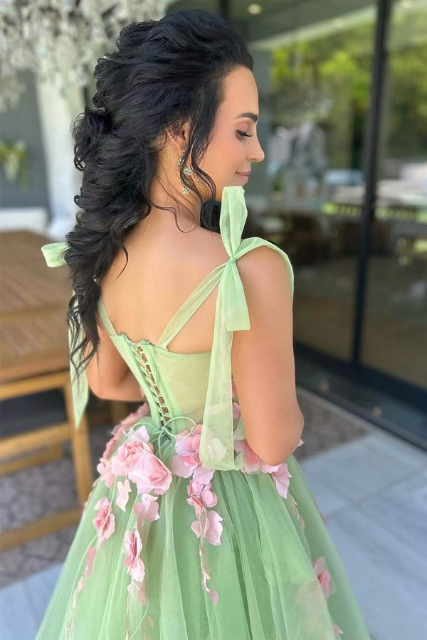Sweet A-Line Sleeveless Tulle Green Prom Dress WIth Flowers PSK717-Pgmdress