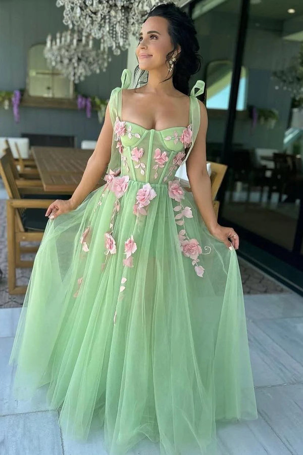 Sweet A-Line Sleeveless Tulle Green Prom Dress WIth Flowers PSK717-Pgmdress