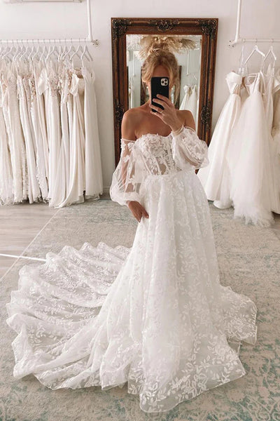 Sweetheart Ball Gown Lace Wedding Dress with Detachable Puff Sleeves US6 / Custom Color