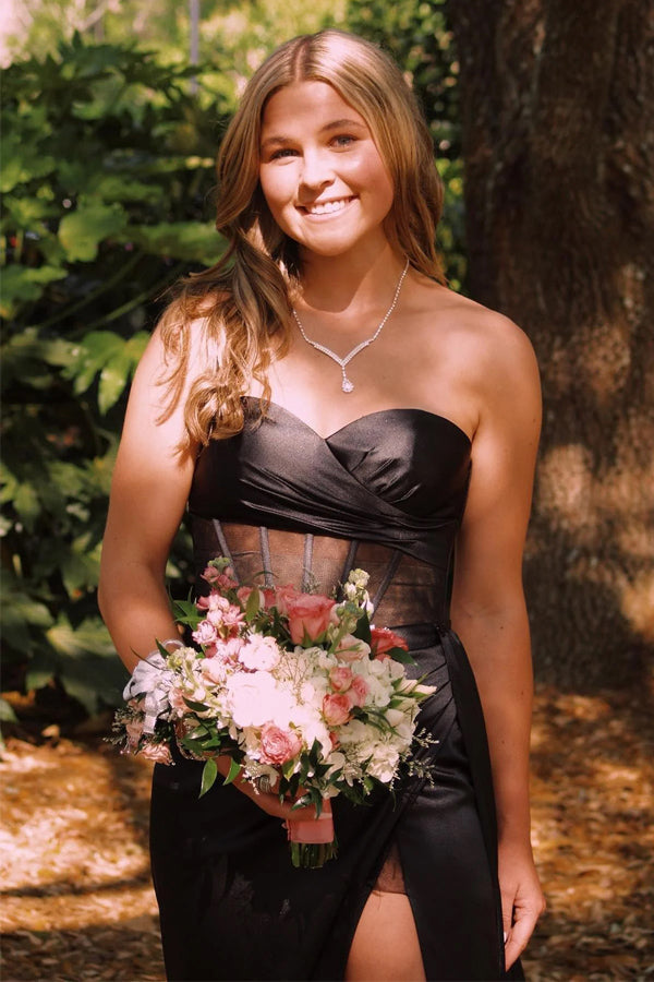 Sweetheart Black Corset Long Prom Dress With Split PSK593-Pgmdress