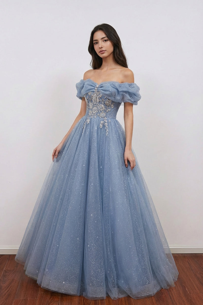 Sweetheart Blue Applique Off Shoulder Prom Dress Quinceanera Dress-Pgmdress