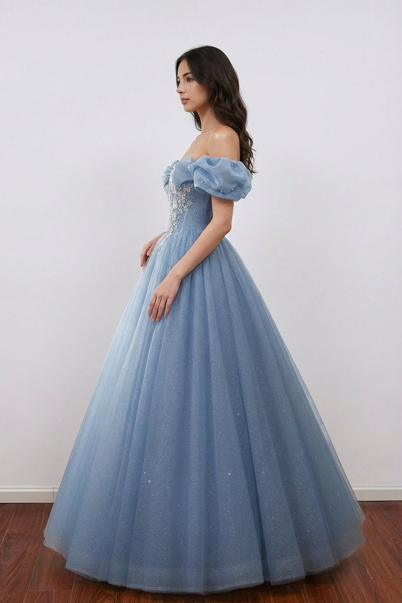 Sweetheart Blue Applique Off Shoulder Prom Dress Quinceanera Dress-Pgmdress