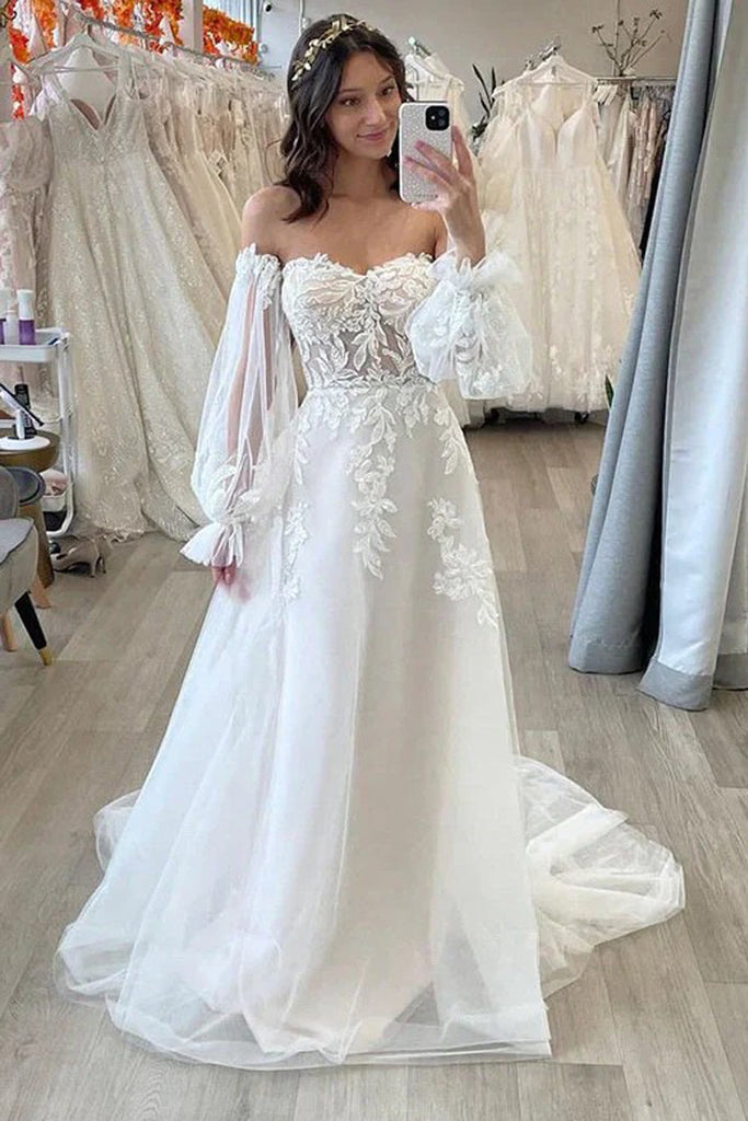 off the shoulder bishop sleeve dress Sweetheart Off-the-Shoulder Long Bishop Sleeve Beach Wedding Dress –  Pgmdress