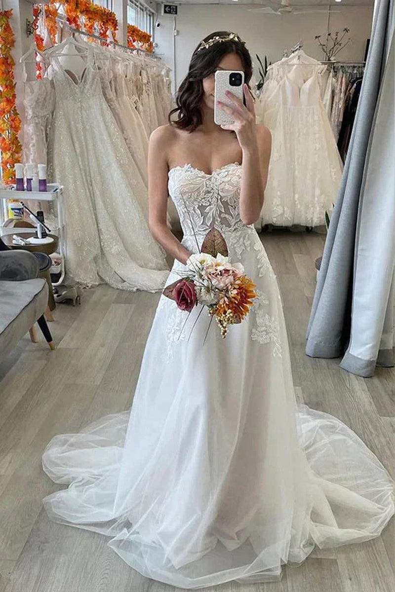 Sweetheart Off-the-Shoulder Long Bishop Sleeve Beach Wedding Dress-Pgmdress