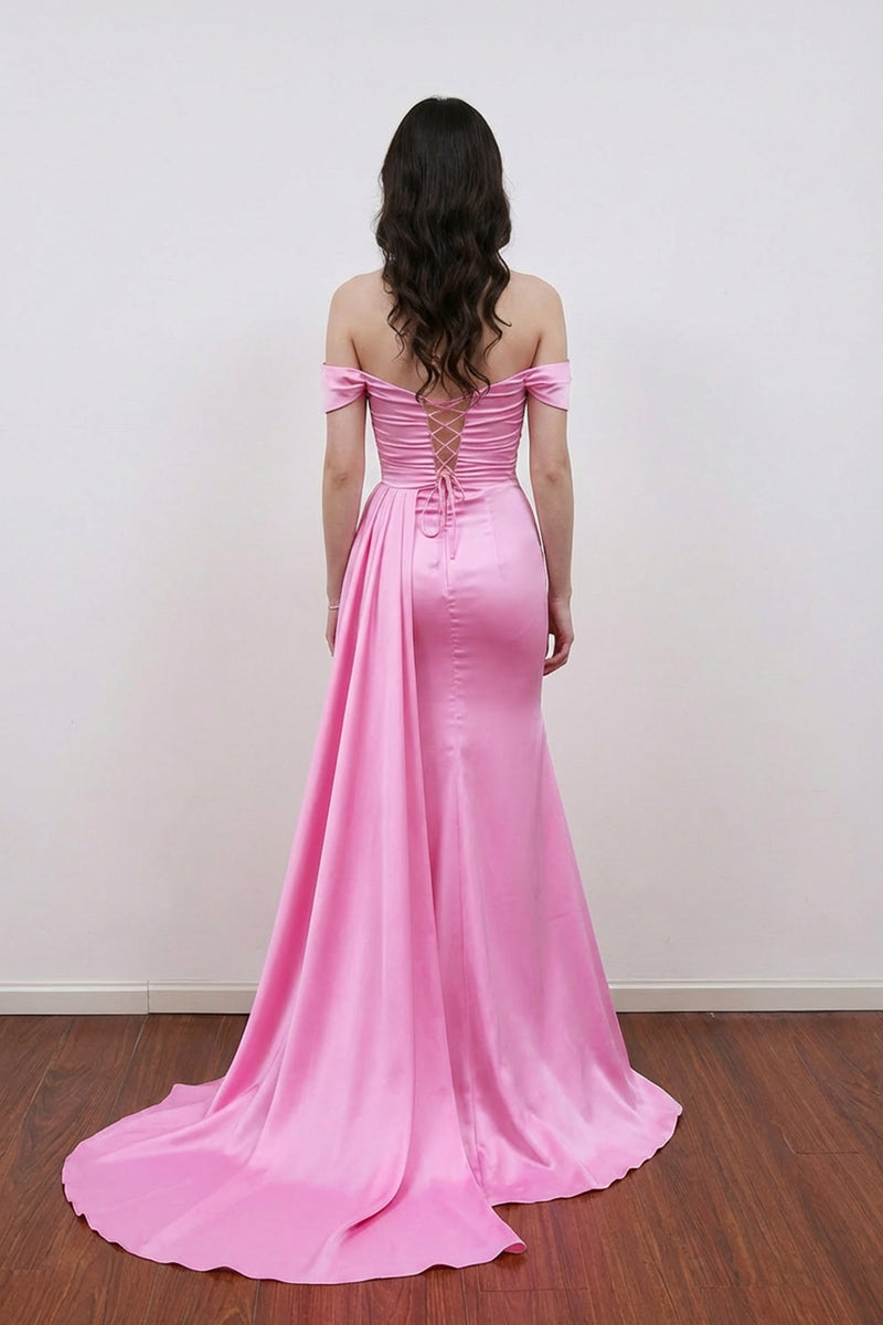 Sweetheart Off Shoulder Satin Pleated Mermaid Pink Prom Dress with Slit-Pgmdress