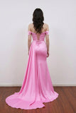 Sweetheart Off Shoulder Satin Pleated Mermaid Pink Prom Dress with Slit-Pgmdress