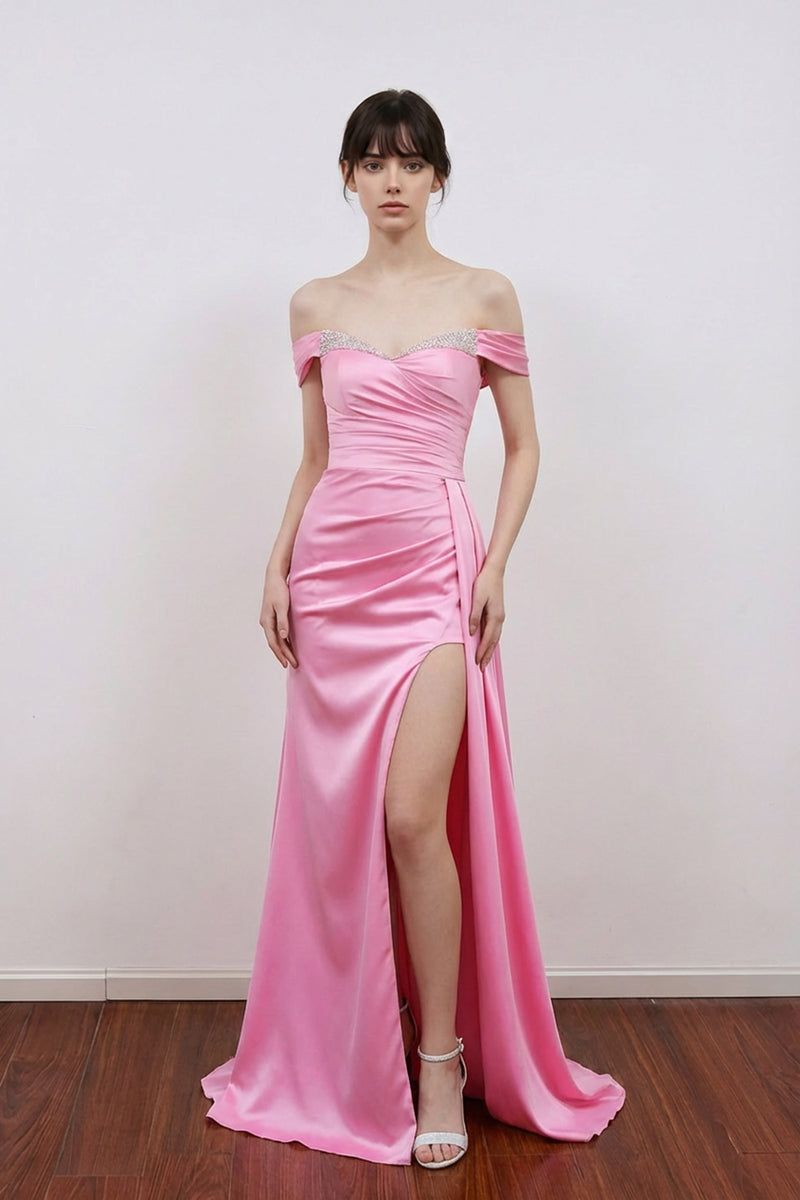 Sweetheart Off Shoulder Satin Pleated Mermaid Pink Prom Dress with Slit-Pgmdress